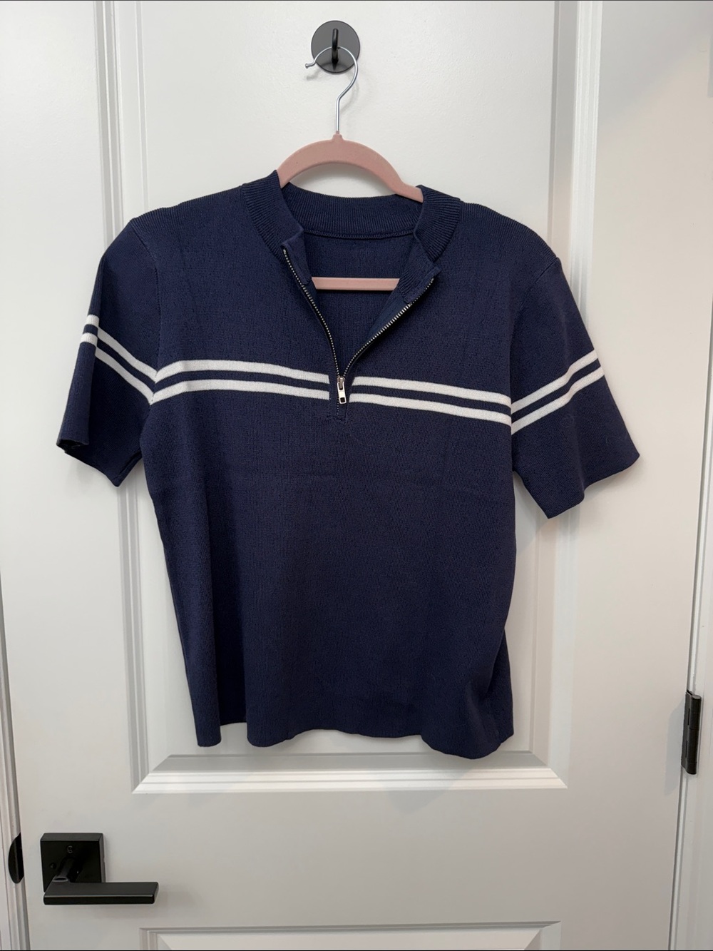 Navy Short-Sleeve Zip Polo with White Stripes